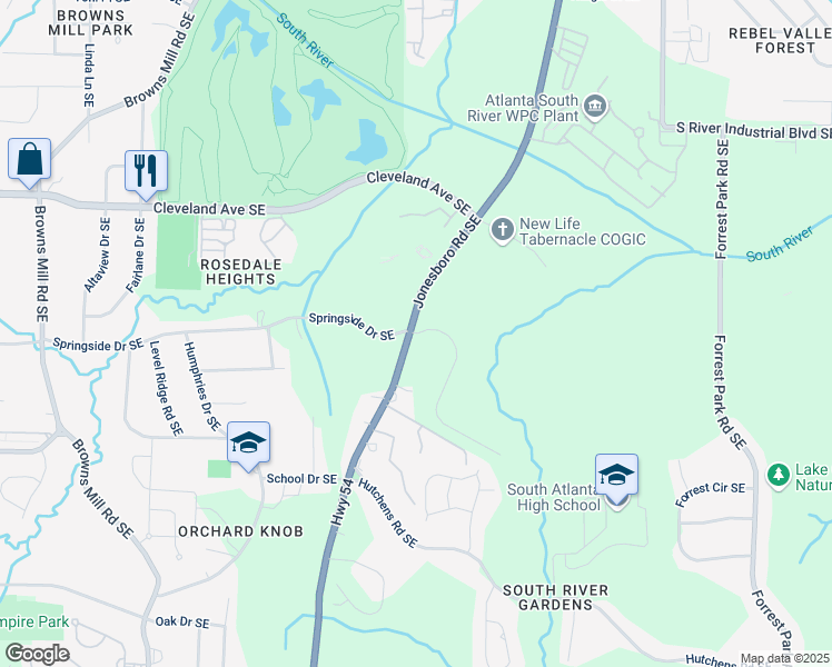 map of restaurants, bars, coffee shops, grocery stores, and more near 591 River Gardens Drive in Atlanta