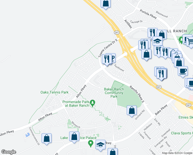 map of restaurants, bars, coffee shops, grocery stores, and more near 96 Finch in Lake Forest