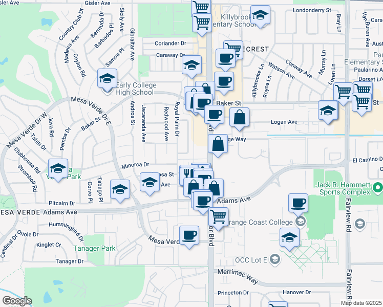 map of restaurants, bars, coffee shops, grocery stores, and more near 2912 Peppertree Lane in Costa Mesa