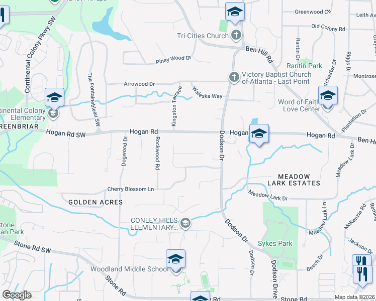map of restaurants, bars, coffee shops, grocery stores, and more near 2795 Spain Drive in East Point