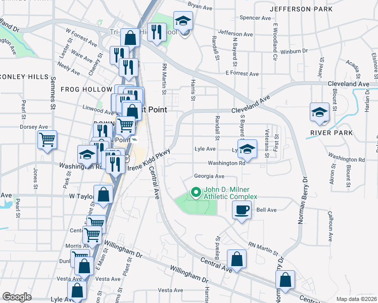 map of restaurants, bars, coffee shops, grocery stores, and more near 2883 Harris Street in Atlanta