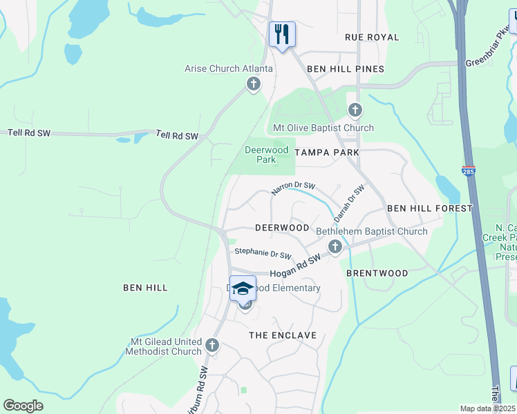 map of restaurants, bars, coffee shops, grocery stores, and more near 2860 Kathryn Court Southwest in Atlanta