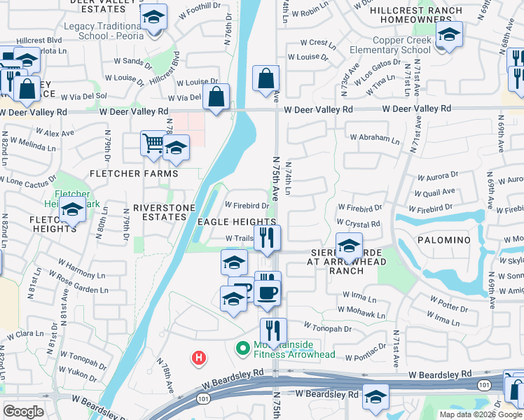 map of restaurants, bars, coffee shops, grocery stores, and more near 7553 West Firebird Drive in Glendale
