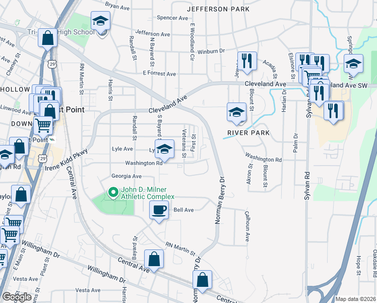 map of restaurants, bars, coffee shops, grocery stores, and more near 5 Sixth Street in East Point