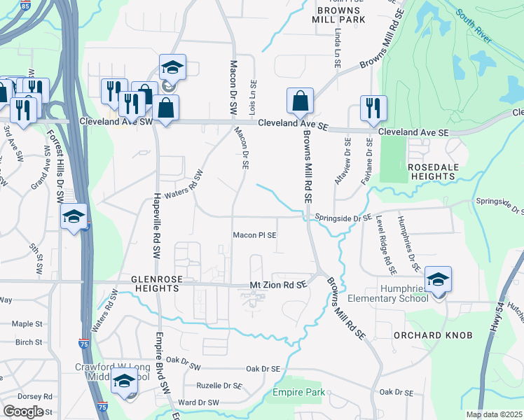 map of restaurants, bars, coffee shops, grocery stores, and more near 58 Springside Drive Southeast in Atlanta