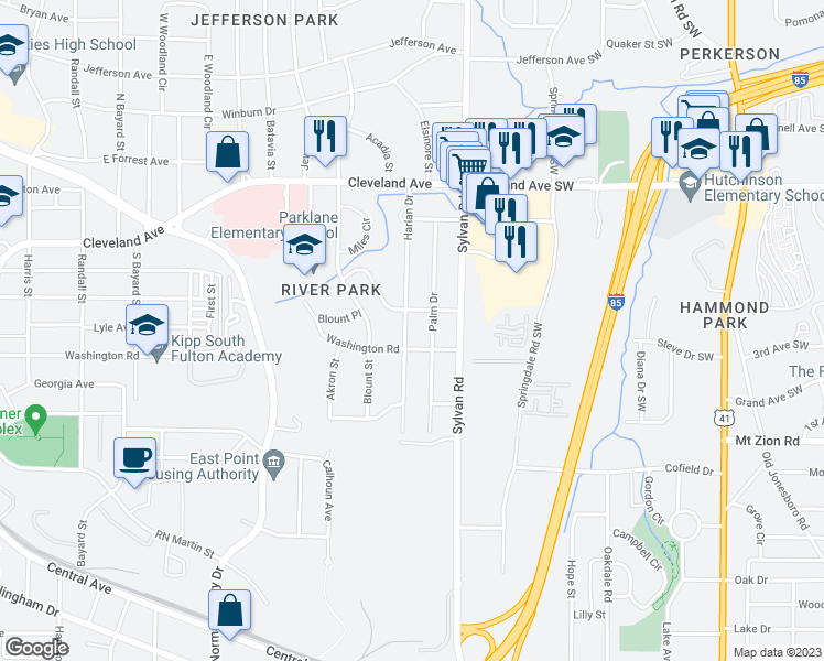 map of restaurants, bars, coffee shops, grocery stores, and more near 2876 Harlan Drive in Atlanta
