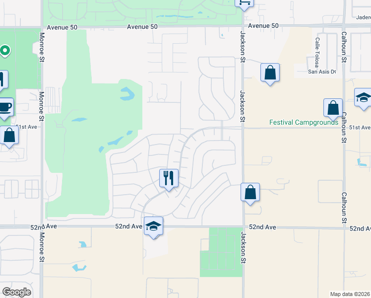 map of restaurants, bars, coffee shops, grocery stores, and more near 82707 Monarchos Court in Indio
