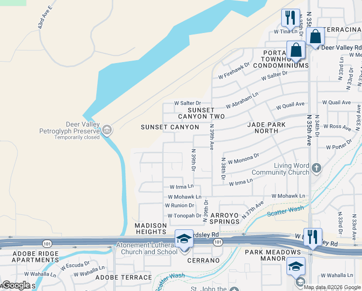 map of restaurants, bars, coffee shops, grocery stores, and more near 4011 West Rose Garden Lane in Glendale