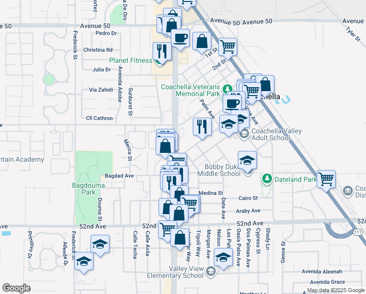 map of restaurants, bars, coffee shops, grocery stores, and more near 51298 Harrison Street in Coachella