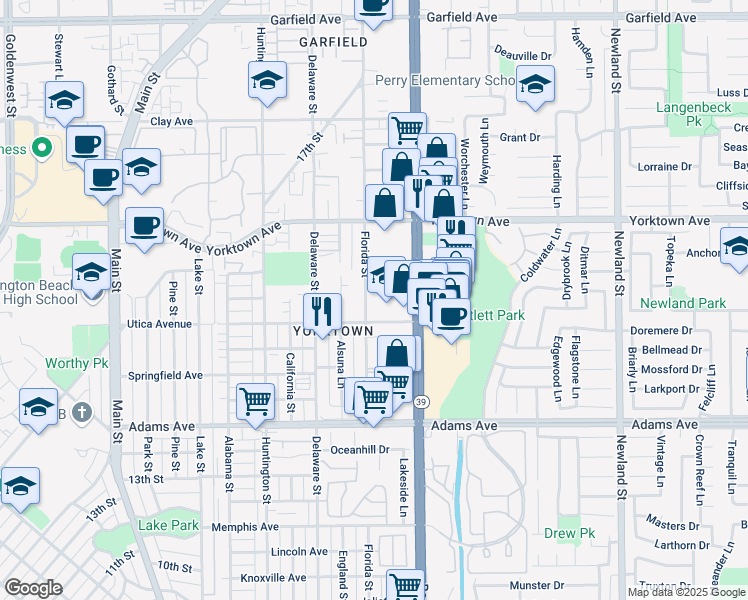 map of restaurants, bars, coffee shops, grocery stores, and more near 721 Utica Avenue in Huntington Beach