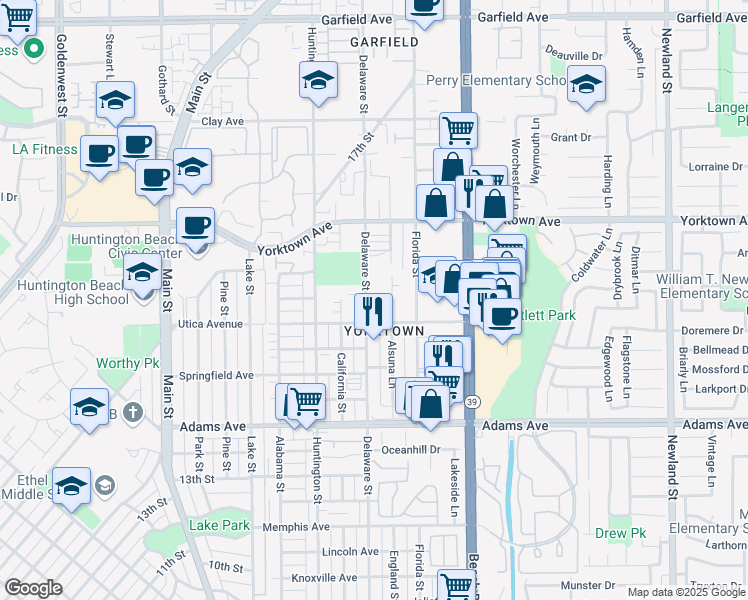 map of restaurants, bars, coffee shops, grocery stores, and more near 2114 Delaware Street in Huntington Beach