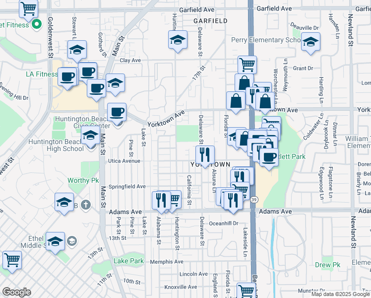 map of restaurants, bars, coffee shops, grocery stores, and more near in Huntington Beach