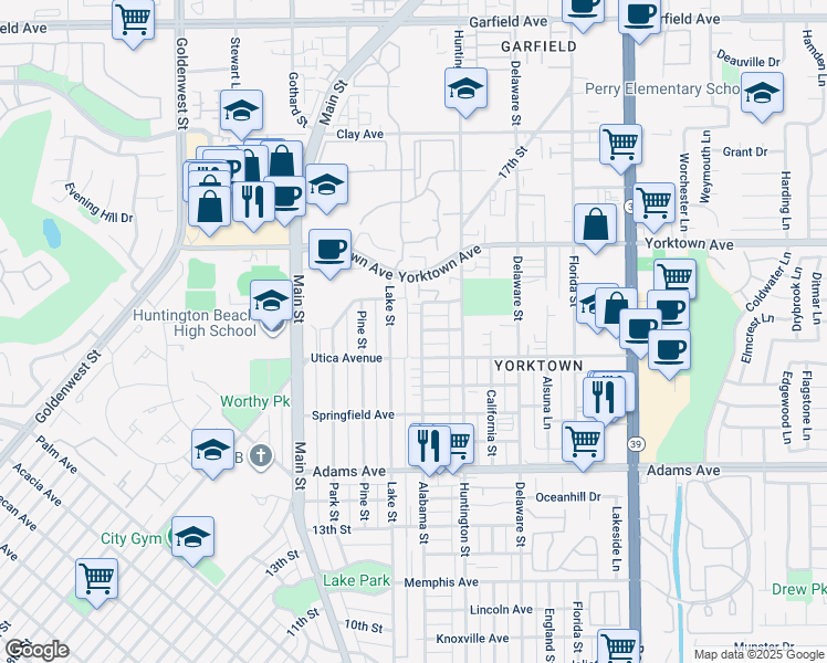 map of restaurants, bars, coffee shops, grocery stores, and more near 1922 Lake Street in Huntington Beach
