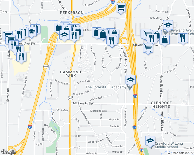 map of restaurants, bars, coffee shops, grocery stores, and more near 2869 4th Street Southwest in Atlanta