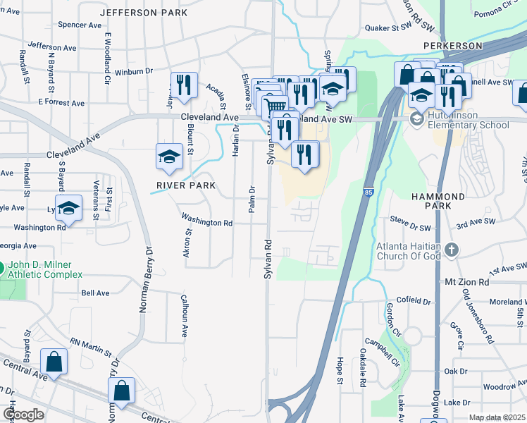 map of restaurants, bars, coffee shops, grocery stores, and more near 2873 Sylvan Road in East Point