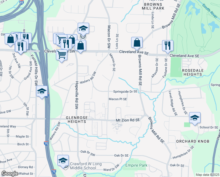 map of restaurants, bars, coffee shops, grocery stores, and more near 40 Springside Drive Southeast in Atlanta