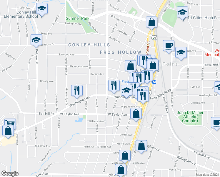 map of restaurants, bars, coffee shops, grocery stores, and more near 1782A Short Avenue in East Point