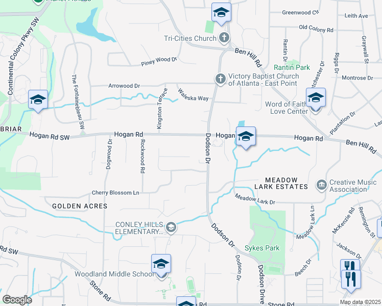 map of restaurants, bars, coffee shops, grocery stores, and more near 2745 Spain Drive in East Point