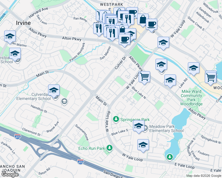 map of restaurants, bars, coffee shops, grocery stores, and more near 58 Eagle Run in Irvine