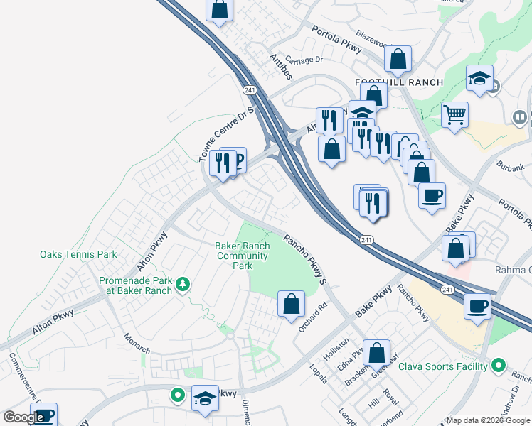 map of restaurants, bars, coffee shops, grocery stores, and more near 700 Sunflower in Lake Forest