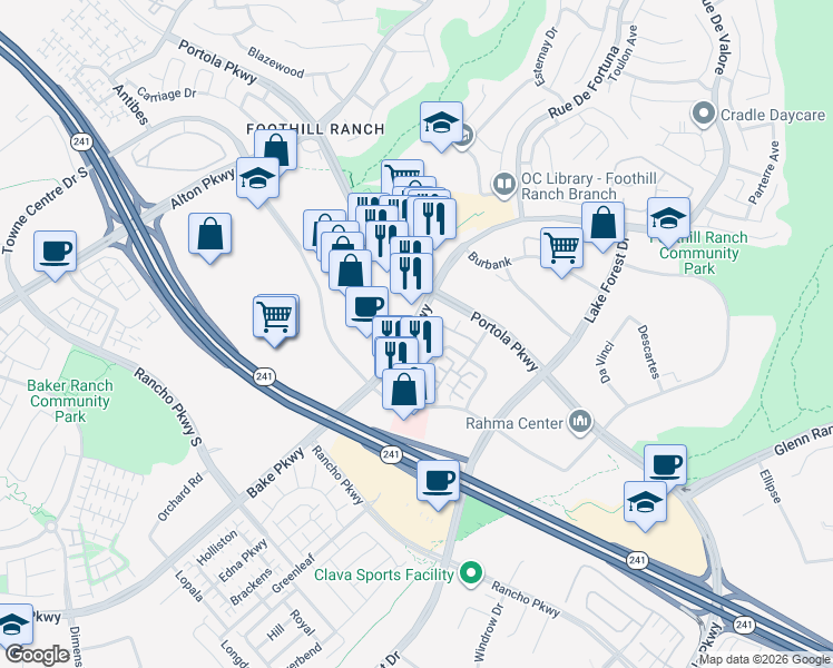 map of restaurants, bars, coffee shops, grocery stores, and more near 109 El Paseo in Lake Forest