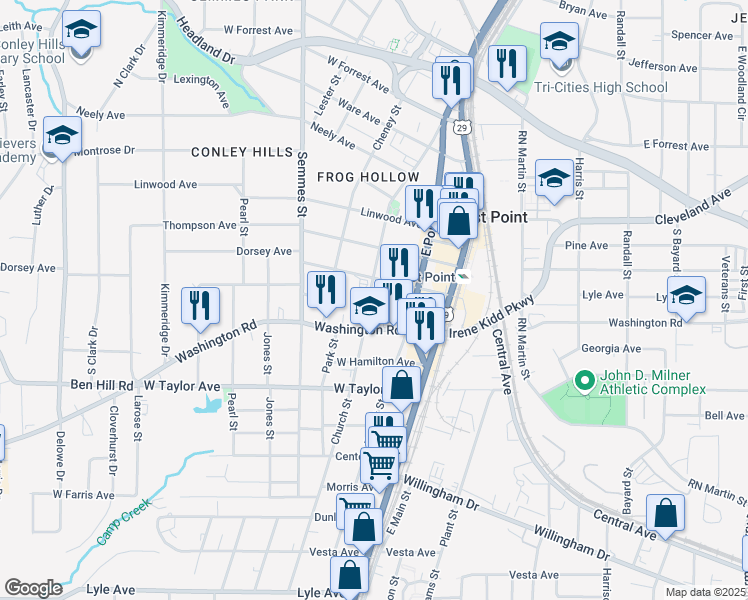 map of restaurants, bars, coffee shops, grocery stores, and more near 2882 Church Street in Atlanta