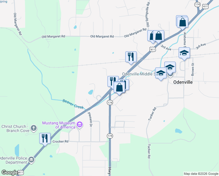 map of restaurants, bars, coffee shops, grocery stores, and more near 13699 U.S. 411 in Odenville