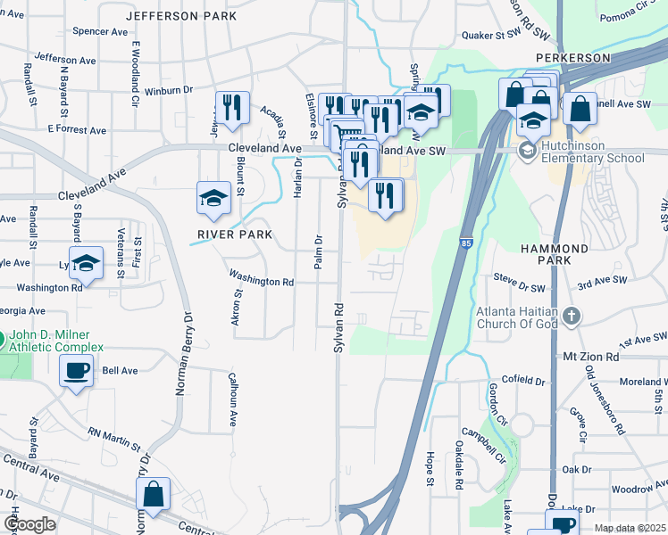 map of restaurants, bars, coffee shops, grocery stores, and more near 2873 Sylvan Road in East Point