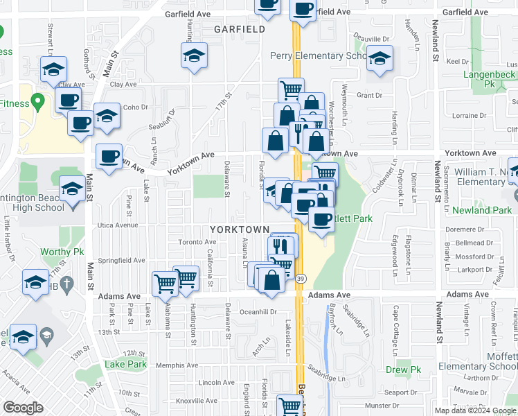 map of restaurants, bars, coffee shops, grocery stores, and more near 2121 Florida Street in Huntington Beach