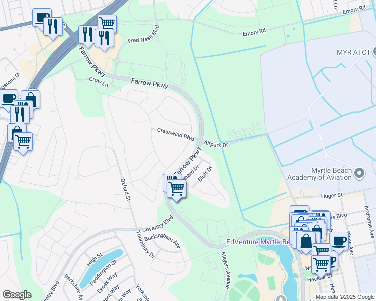 map of restaurants, bars, coffee shops, grocery stores, and more near 1838 Suncrest Drive in Myrtle Beach