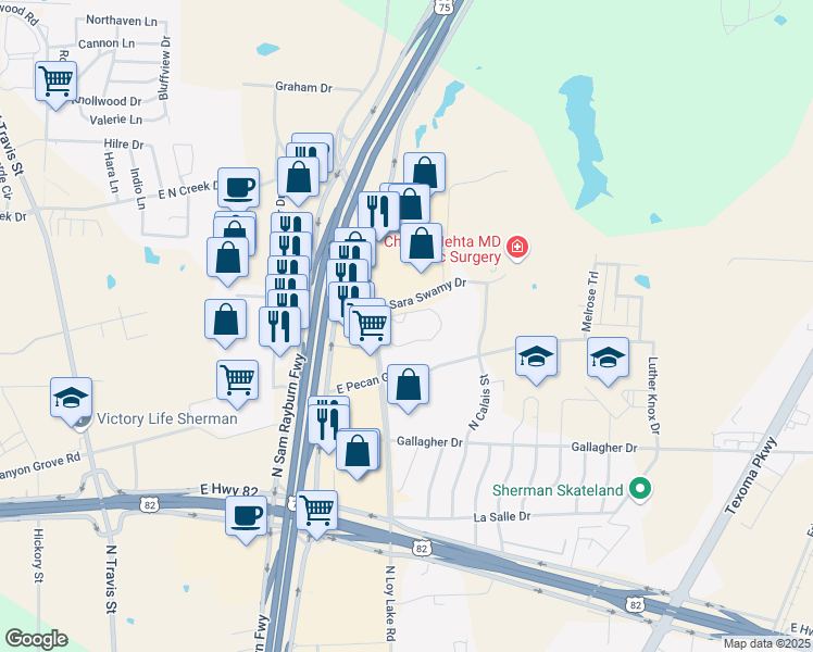 map of restaurants, bars, coffee shops, grocery stores, and more near 3701 North Loy Lake Road in Sherman