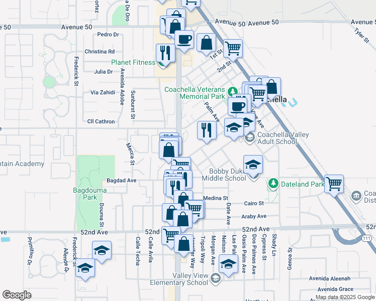 map of restaurants, bars, coffee shops, grocery stores, and more near 1279 6th Street in Coachella