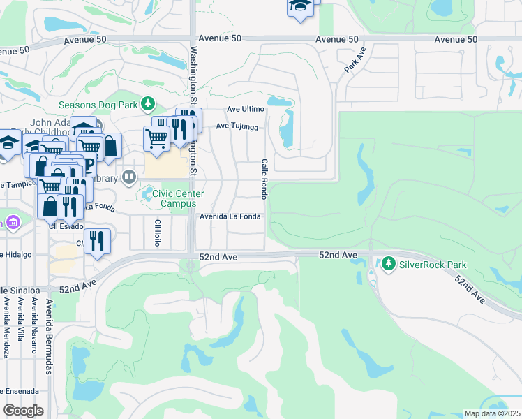 map of restaurants, bars, coffee shops, grocery stores, and more near 78740 Avenida La Fonda in La Quinta