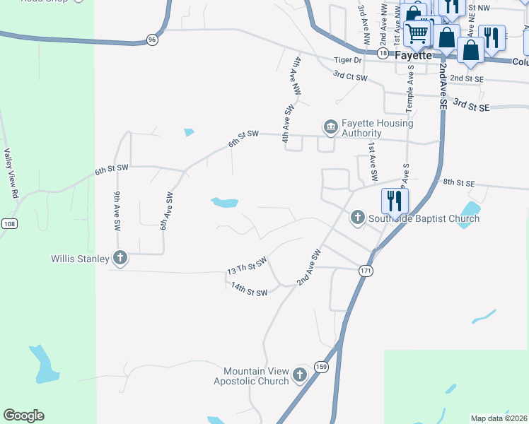 map of restaurants, bars, coffee shops, grocery stores, and more near 433 10th Street Southwest in Fayette