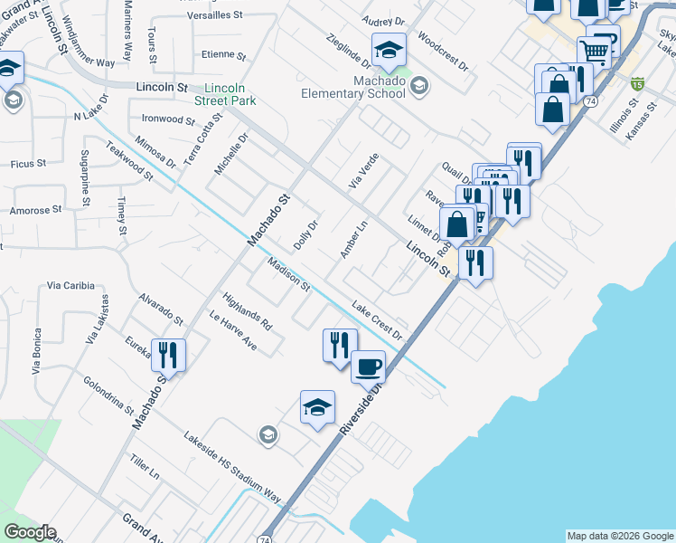 map of restaurants, bars, coffee shops, grocery stores, and more near 1072 Amber Lane in Lake Elsinore