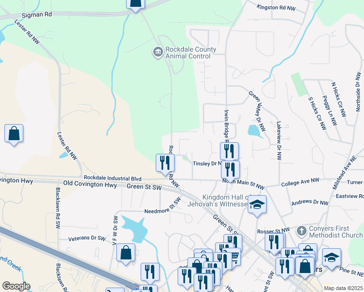 map of restaurants, bars, coffee shops, grocery stores, and more near 1243 Hill Street in Conyers