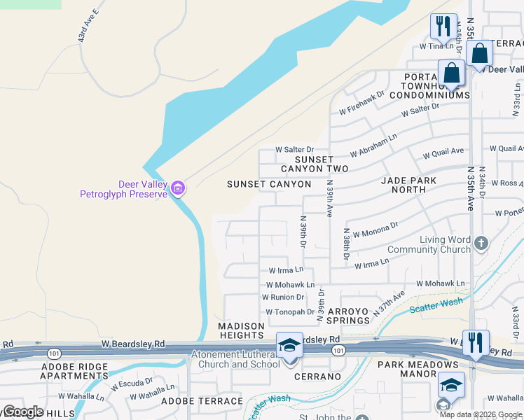 map of restaurants, bars, coffee shops, grocery stores, and more near 4051 West Rose Garden Lane in Glendale