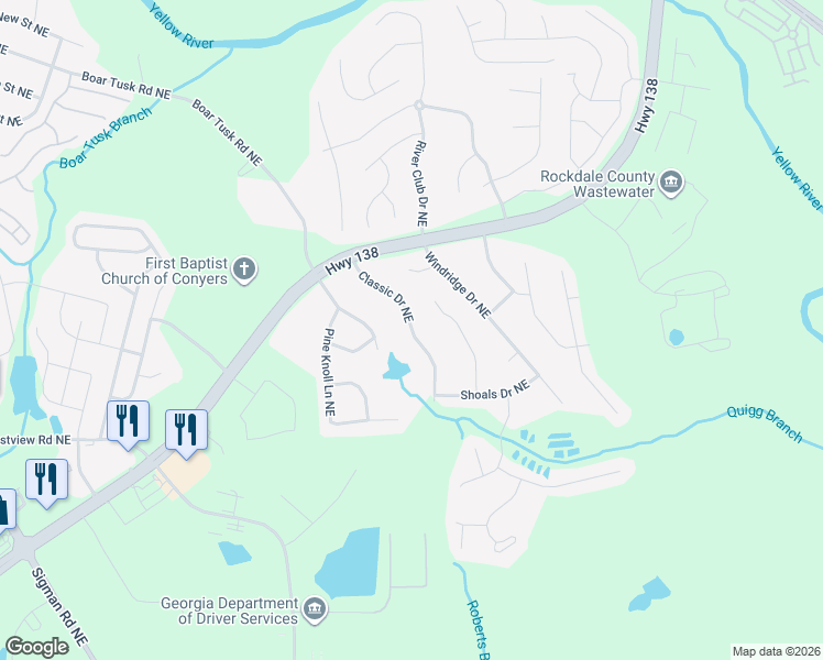 map of restaurants, bars, coffee shops, grocery stores, and more near 1304 Classic Drive Northeast in Conyers
