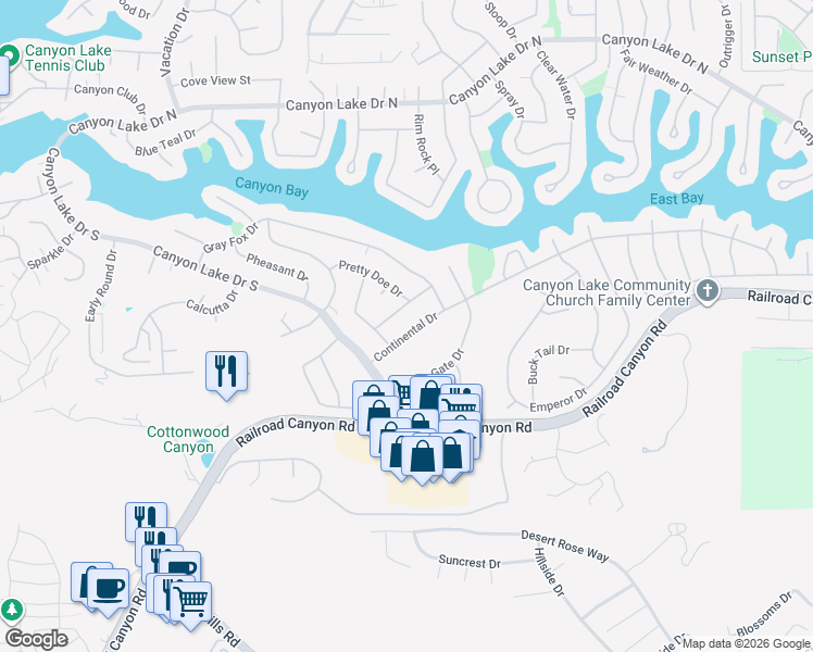 map of restaurants, bars, coffee shops, grocery stores, and more near 23216 Continental Drive in Canyon Lake