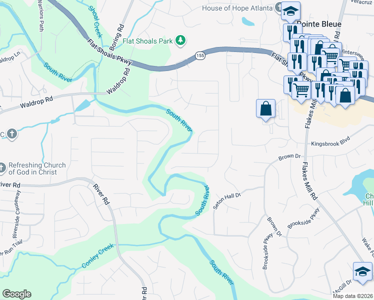 map of restaurants, bars, coffee shops, grocery stores, and more near 3600 River Edge Court in Decatur