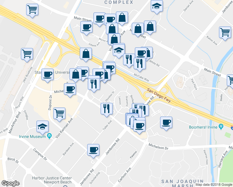map of restaurants, bars, coffee shops, grocery stores, and more near 535 Rockefeller in Irvine