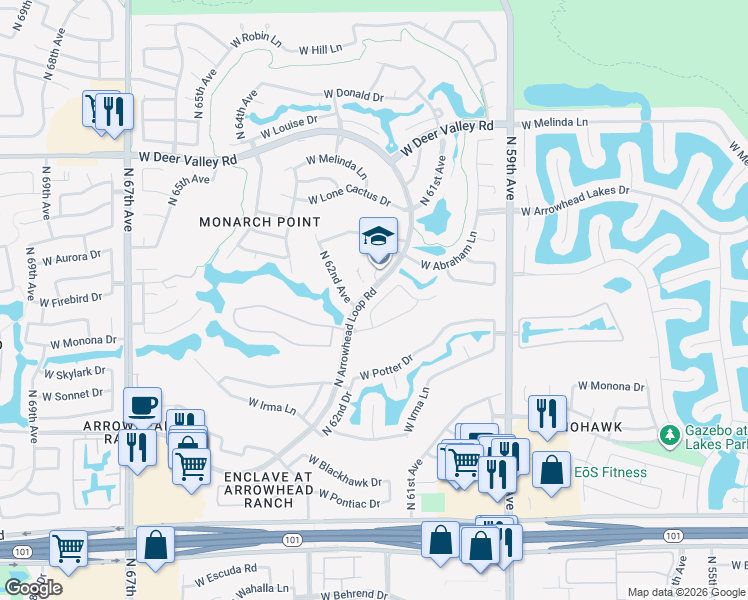 map of restaurants, bars, coffee shops, grocery stores, and more near 21032 North 61st Drive in Glendale