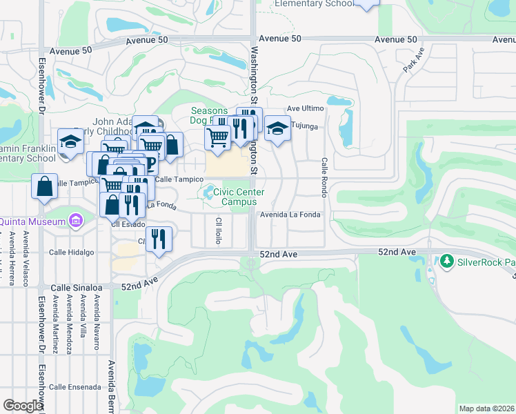 map of restaurants, bars, coffee shops, grocery stores, and more near 78510 Avenida La Fonda in La Quinta