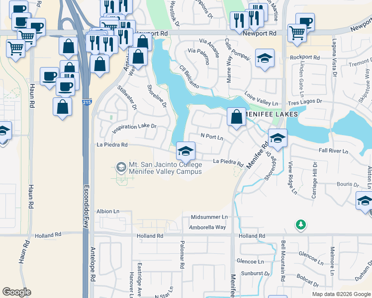 map of restaurants, bars, coffee shops, grocery stores, and more near 30655 Spring Deep Terrace in Menifee