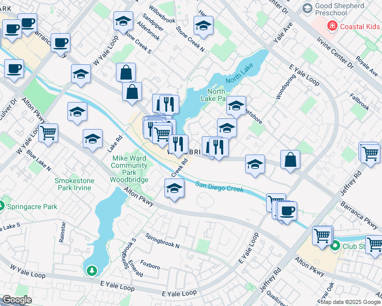 map of restaurants, bars, coffee shops, grocery stores, and more near Barranca Pkwy & Creek Rd in Irvine