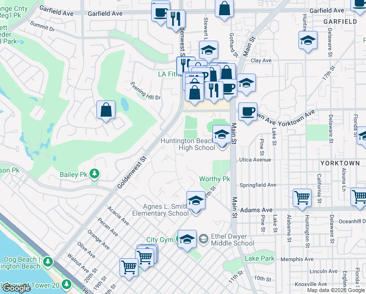 map of restaurants, bars, coffee shops, grocery stores, and more near 19522 Starfish Lane in Huntington Beach