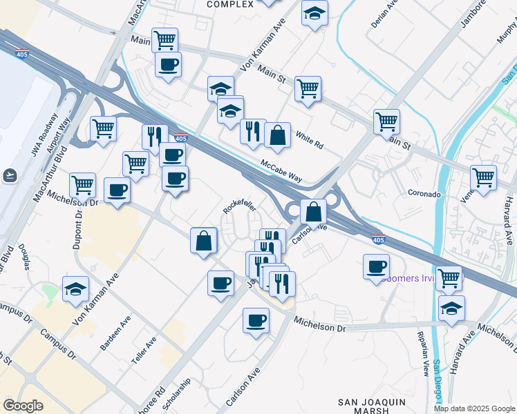map of restaurants, bars, coffee shops, grocery stores, and more near 136 Tribeca in Irvine