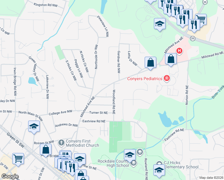 map of restaurants, bars, coffee shops, grocery stores, and more near 1251 Woodland Road Northeast in Conyers