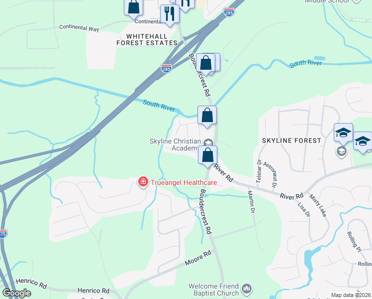 map of restaurants, bars, coffee shops, grocery stores, and more near 1917 Boulder Ridge Parkway in Ellenwood