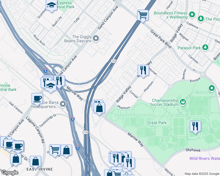 map of restaurants, bars, coffee shops, grocery stores, and more near 215 Carlow in Irvine